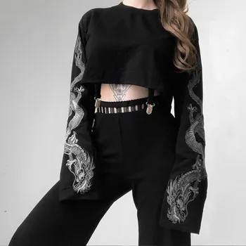 Femeile Dragon Print Hanorace Casual Moda De Sex Feminin Vrac Top Scurt Pulover Pulovere Streetwear Noua Tinuta De Toamna