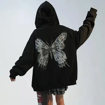 Iarna Fluture Imprimat Y2K Tricou Hip Hop Punk Femei Haine Harajuku Fermoar Jacheta cu Gluga Gotic Strat de Streetwear Hanorace 1
