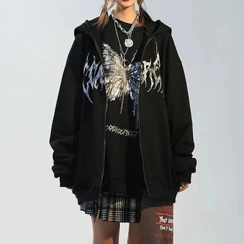 Iarna Fluture Imprimat Y2K Tricou Hip Hop Punk Femei Haine Harajuku Fermoar Jacheta cu Gluga Gotic Strat de Streetwear Hanorace 2