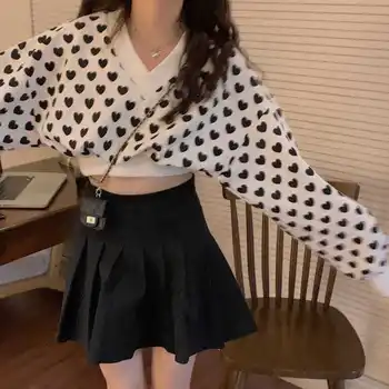 Jachete Femei Trunchiate Toamna Stil coreean Minunat V-gât Design Imprimate Complet Maneca Moda Fată Casual Preppy Street Wear