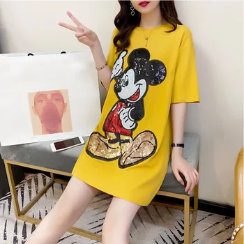 Mickey Mouse Tricou Cu Mânecă Scurtă Mid-Lungime Kawaii T-Shirt Femei Topuri De Vara Coreean Desene Animate Paiete Broderie Vrac Tee Top
