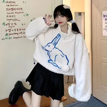 Moda Drăguț Desen Animat Anime Bunny Pulover De Iarna Tricou Femei Pluș Gros Noua Coreean Scurt Liber Stand Guler Student Topuri