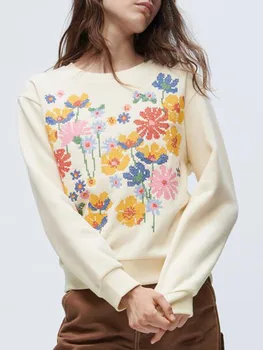 ZA toamna noua femeii pulover simplu casual pastorală stil de broderie flori rotund gat pulover vrac top confortabil