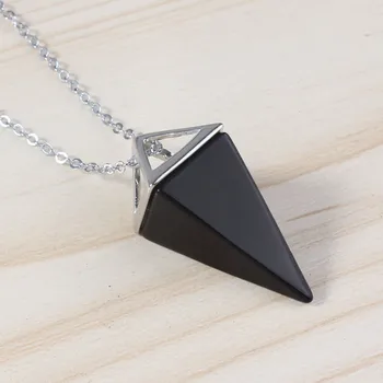 100-Unic 1 Buc Argint Placate Cu Onix Negru Piramidă Patrulateră Pandantiv Amuleta Stil European Colier De Link-Ul Lanț Moda Bijuterii 0