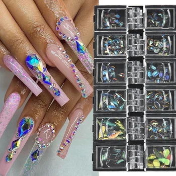 12 Grile/cutie 3D Cristale Strasuri Unghii Amestecat Dimensiune AB Flatback Diamond Nail Art Decoratiuni DIY Sfaturi Manichiura Strălucitoare Pietre de Sticlă