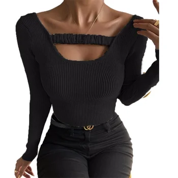2021 FashionTunic Casual de Toamna pentru Femei Îmbrăcăminte Kintted Tricouri O-neck Bodycon cu Nervuri Topuri rochii Negre de sex Feminin Tricouri G3090