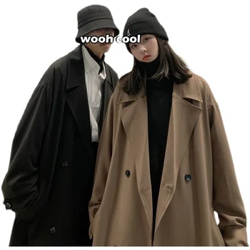 2021 Iarna Barbati coreea Moda Trend Libere de Lână, Amestecuri de Culoare Negru/maro Paltoane Lungi Canadiană Rever Guler Trenci M-2XL