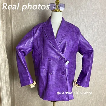 2021 Nouă Primăvară Luminos Violet Liber Casual din Piele PU Sacou Costum Sacouri femei Haina de Epocă Îmbrăcăminte Streetwear