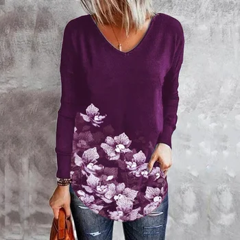 2021 Toamna Iarna T Shirt pentru Femei Noi V-neck Flower Print cu Maneci Lungi Vrac Supradimensionat tricou Femei Casual Teuri Îmbrăcăminte Topuri 0