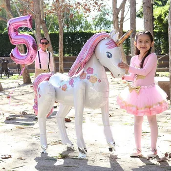 3.8 ft Înalt Unicorn Petrecere Copil de Dus Decoratiuni de Animale 3D Baloane Folie Fete la mulți ani Decor Copii Provizii Heliu Globos 0