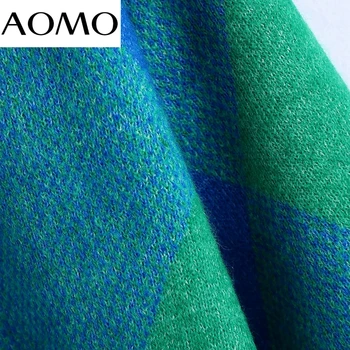 AOMO de Moda pentru Femei Carouri Verde Jacquard Tricot Pulover Vintage Maneca Lunga Rândul său, în Jos Guler Butoane de sex Feminin Pulovere BE253A 0