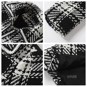 Alb-negru Carouri Tweed cu Fermoar Jacheta 2021 Începutul Toamnei Designer Haina Femei Guler de Turn-down Fermoar Până Talie Mare Sacou de Tweed