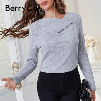 BerryGo Moda V-neck înfășurat de bază T-shirt femei Casual cu maneca lunga acasa bluza feminin Toamna vrac doamna blaturi solide