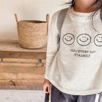 Copil Haine Copii Fete Desene animate Smiley Imprimare Tricouri baietel Maneca Lunga Vafe T-shirt Copii Topuri Casual cu Vârsta cuprinsă între 1-6 Ani