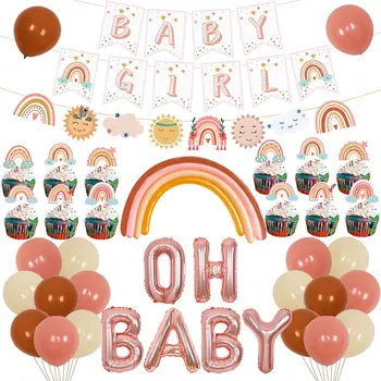 Curcubeu Petrecere Copil de Dus Decoratiuni Boem Oh Baby Balon Banner Toppers Tort pentru Fata 1-a a 2 Ziua de naștere Partidul Consumabile 0
