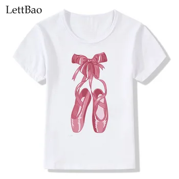 Destul de Bowknot Pantof de Balet de Imprimare T Tricoul Harajuku Bumbac T-shirt pentru Fete 2-12 Ani Copii Haine Copilul Topuri cu Maneci Scurte