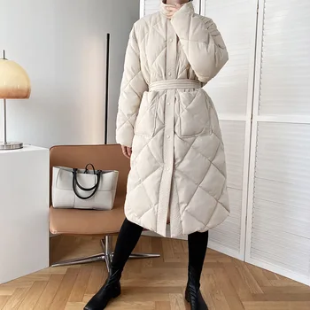 Femei Mid-lungime Peste Genunchi-coreean Stil Stand-up Guler Cald Geaca de Femei de Iarnă 2022 Nou Stil Rombic Sacou din Bumbac