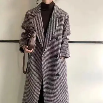 Femeie Strat Gros Carouri Cu Dungi Lână Haina Coreeană Stil Preppy Streetwear Navetiști De Iarnă 2022 Supradimensionat Caldura Femei Haină Lungă 1