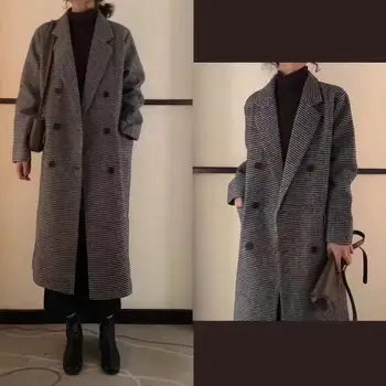 Femeie Strat Gros Carouri Cu Dungi Lână Haina Coreeană Stil Preppy Streetwear Navetiști De Iarnă 2022 Supradimensionat Caldura Femei Haină Lungă 2