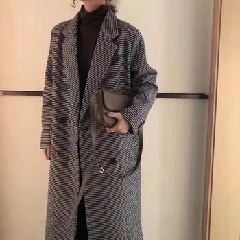 Femeie Strat Gros Carouri Cu Dungi Lână Haina Coreeană Stil Preppy Streetwear Navetiști De Iarnă 2022 Supradimensionat Caldura Femei Haină Lungă 3