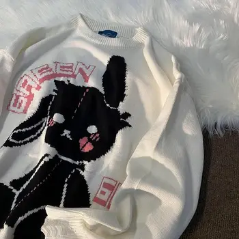 HOUZHOU Harajuku Iarna Tricotate Pulover Femei Drăguț Bunny Print cu Maneci Lungi Pulover Supradimensionat Gotic, Grunge Streetwear Pulover