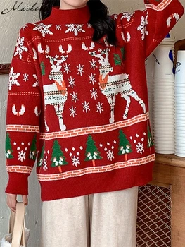 Macheda Toamna/Iarna noi de Craciun tricot pulover vrac festiv Roșu Elan fulg de nea pulover Strada atmosferă de sărbătoare pulover de iarna