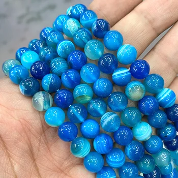 Naturale Albastru Dungi Piatră de Agat Rotund Margele Vrac Diy Brățară Colier cu Pandantive pentru a Face Bijuterii De 15