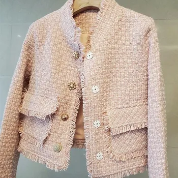 New Sosire Pista de Primăvară de Înaltă Calitate de culoare Roz Dulce ștrasuri din Mărgele Jacheta Palton Elegant pentru Femei Minunat de Lână de Lux Uza