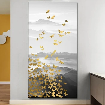 Nordic Minimalist Munte Canvas Wall Art Peisaj Copaci Pasăre De Aur Fluture De Aur Tablou Living Mare, Dormitor Decor