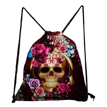 Noua Moda Cordon Pungi De Cadou De Halloween Candy Bag Rece Unisex Softback Geanta Rose Skull Print Rucsac Portabil Sac De Depozitare