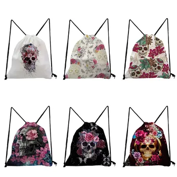 Noua Moda Cordon Pungi De Cadou De Halloween Candy Bag Rece Unisex Softback Geanta Rose Skull Print Rucsac Portabil Sac De Depozitare 3