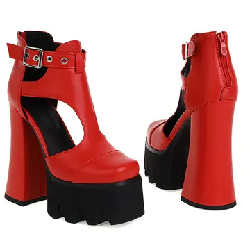 Nouă Femei Sandale din Piele PU Confortabil Platforma Pătrat Tocuri Înalte de Moda Zip Catarama Centurii de Vara Lady Pantofi Rosu Negru Argintiu