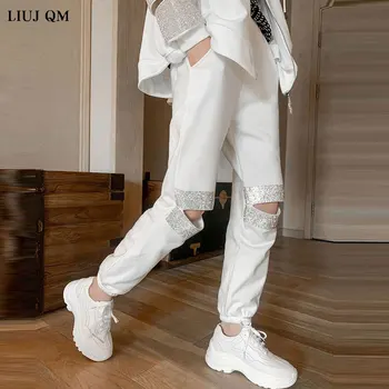Pantaloni Casual Femei Toamna Anului 2021 European Genunchi Fierbinte Foraj Coreean Liber Sport Hip Hop Femei Pantaloni Vintage Talie Elastic