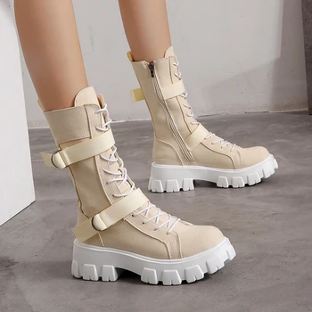 Pantofi pentru femei 2021 Nou Stil de Primavara Platforma Confortabile Cizme Casual cu Fermoar la Mijlocul lunii Vițel Rotund Deget de la picior Plat cu Cizme Femmes Bottes 0
