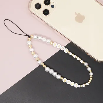 Personalizate Boem Alb Imitații de Perle de Aur Margele Rotunde Scrisoare de DRAGOSTE Lanț de Telefon Mobil pentru Femei Anti-a Pierdut Șnur de Bijuterii Cadou