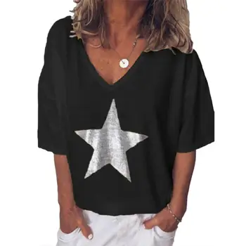 Plus Dimensiunea îmbrăcăminte pentru femei T-Shirt Femei Femei de Vară Star V Neck Short Sleeve T-Shirt de Culoare Solidă Vrac Top 6 Culori S-5XL