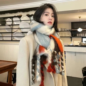 Premium Culoare-blocarea Mohair Lână Femei Eșarfă de Lux Trupă coreeană Designer de Moda Îngroșa Eșarfă de Cașmir Pentru Cadouri de Anul Nou