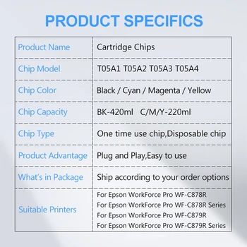 T05A1 T05A2 T05A3 T05A4 Cartuș de Cerneală Chip Pentru Epson WorkForce Pro WF-C878R WF-C879R C878R C879R Printer Chips - BK C M Y