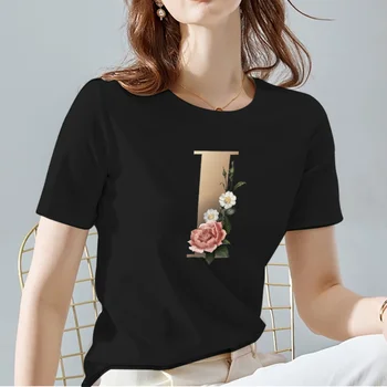 Vara Femei T-shirt Negru Clasic Feminin Topuri de Moda Personalizate Model de Scrisoare de Serie O-gât Doamnelor Maneca Scurta 0