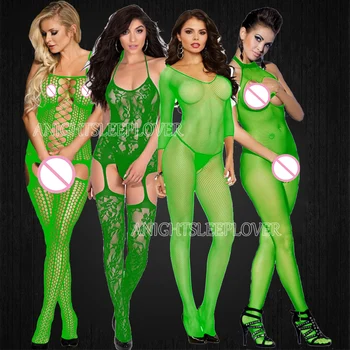 Verde Bodystockings Femei Fishnet Bodysuit Deschis Picioare catsuit Plasă de colanti Lenjerie Erotica Body de Pijamale Crotchless Teddies