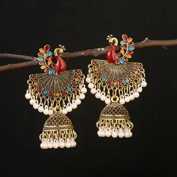 Vintage Antic Indian Picură Ulei de Păun Jhumki Cercei Femei Boho Etnice Bollywood Aur Clopote Cercel 4