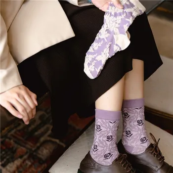 Violet Sosete Femei Broderie Flori Harajuku Retro Streetwear Femeie Șosete Fete Dulci Kawaii Drăguț Șosete De Bumbac Moale Respirabil